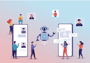 AI bot shown in the center of people communicating on their phones.